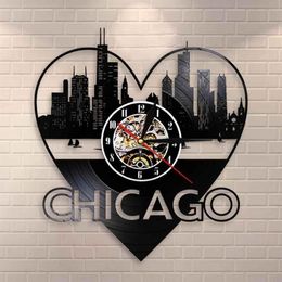 Wall Clocks Chicago Skyline Cityscape Record Clock USA Travel Souvenir City Architecture Art Home Decor300Z