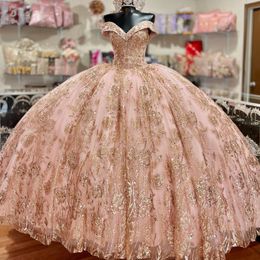 Pink Princess Purple Quinceanera Dresses Off the Shoulder Ball Gown 2024 Sweet 16 Dress Beads Gold Appliques Lace 15th Party Gown