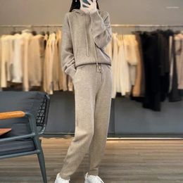 Women's Two Piece Pants Tailor Sheep Pure Wool Set Casual Knitted Pullover Hooded Sweater Minimalist Leggings