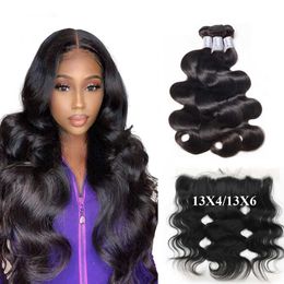 Brazilian Body Wave Hair Bundles With 13x4/6 HD Transparent Pre plucked Lace Frontal Unprocessed Natural Black Human Hair For African Women