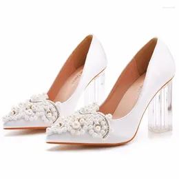 Dress Shoes Women Pumps Party Prom Pointed Toe String Bead Slip-On Silk 9CM Square Heel Formal Japanese Style Fashion Shoe White