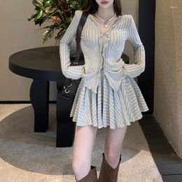 Women's Sweaters 2023 Autumn V-neck Ruffled Striped Casual Long-sleeved Sweater Women High Waist Pleated Knit A-line Skirt Two-piece Suit