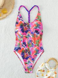 Women's Swimwear 2023 Sexy Floral Flower Backless Women One Piece Swimsuit Female Padded High Leg Cut Bather Bathing Suit Swim K4582