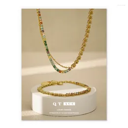 Chains Brass Plated 18K True Gold Fashion Design Sense Wheat Ear Chain Splice Zircon Bracelet Necklace Ornament Summer Women