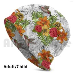 Berets Hummingbirds And Tropical Bouquet Beanies Knit Hat Hip Hop Hummingbird Bird Botanical Floral Lily Daylily