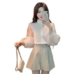 Women's Blouses Lace Chiffon Shirts Women Tops Streetwear Fashion Casual White Cardigan Female Blouse Summer Embroidery Shirt Jacquard