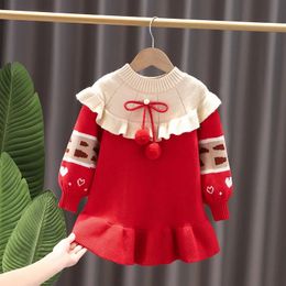 Girls Dresses Autumn Winter Christmas Kid Girl Knitted Dress Red Year Toddler Plush Bow Print Pleated Hem Baby 231124