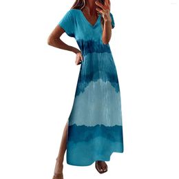 Casual Dresses Gradient Tie Dye Print Summer Maxi Dress For Women Fashion Sexy V-neck Short Sleeve Side Slit Pocket Loose Sundress