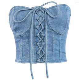 Women's Tanks Sexy Cross Bandage Denim Tank Tops For Women Tube Top Retro Boat Neck Strapless Crop Casual Zipper Slim Short Vest Camis