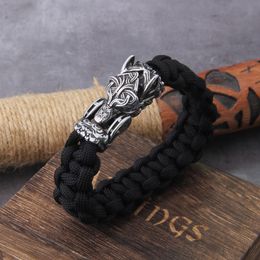 Charm Bracelets Never Fade Rock Viking Wolf Bracelet Men's handmade cord Can Open Wolf Mouth Punk Bracelets Biker Jewellery 230422