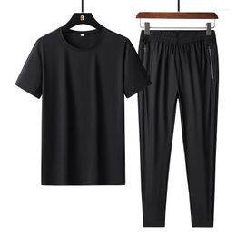 Men's Tracksuits European And American Casual Suit Men's Elastic Large Size Short Sleeved T-shirt Long Pants Sports Quick Dying