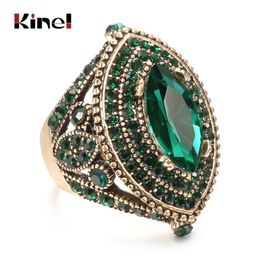 Cluster Rings Kinel Luxury Antique Ring For Women Vintage Look AAA Green Crystal Boho Jewelry Gold Color Charm Ethnic Wedding Ring 230424