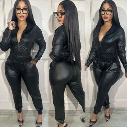 Women's Two Piece Pants Wishyear Zipper Joggers Hoodie Jacket And Set Sweatsuits For Women Faux Leather Tracksuit Night Club Outfit