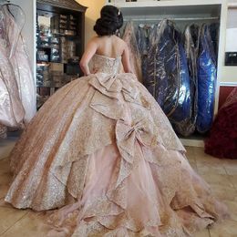 Pink Sequins Ball Gown Quinceanera Dress Tulle Gold Appliques Flowers Bow Beads Off Shoulder Sweet 15 16 Birthday Party Formal