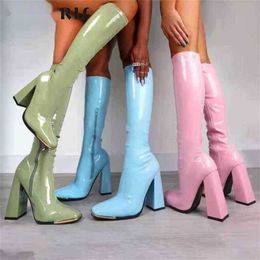 Boots Brand Design Sexy Mid Calf Women Metallic Chunky High Heels Long Female Large Slim Autumn Winter Shoes 220901