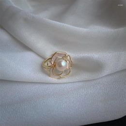 Cluster Rings French Temperament Pearl Camellia Ring Women's Fashion Elegant Drip Oil Openwork Flower Open Index Finger