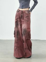 Women's Jeans High street hip hop burgundy splashed ink straight high waisted jeans y2k baggy American tie floor mopping cargo pant 231123