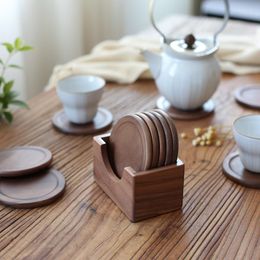 Plates 6PCS/Set Japanese Black Walnut Wooden Mat Household Glass Tea Cup Water Beer Mug Coffee Insulation Pads