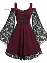 Casual Dresses Goth Dark Gothic Aesthetic Vintage Women Autumn Grunge Lace Patchwork Flare Sleeve Black A-line Dress Punk Partywear