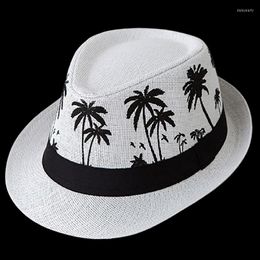 Berets Spring Summer Women Straw Sun Hat Men Beach Coconut Tree Printing Crimping Sunscreen British Bucket Caps Lovers Hats 4colors