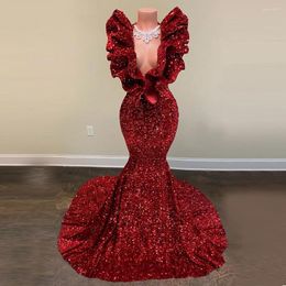 Wedding Dress Sexy Burgundy Sequins Ruffles V Neck Mermaid Dresses Sleevesless Gowns Backless Vestidos De Fiesta