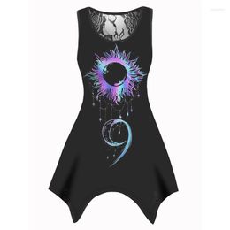 Women's Tanks Dressfo Sun Moon Star Print Tank Top Lace Panel Asymmetrical Hem Gothic Fashion Summer Vest