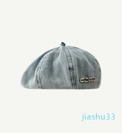 Ball Caps Fashion Brand Metal Label Beret Women's Korean Style Retro Washed Denim Octagonal Cap Painter