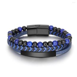 Link Bracelets Gift Leather Rope Natural Stone Volcanic Rock Stainless Steel Men 'S Bracelet Bangle Titanium Ornament
