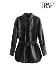 Women's Jackets TRAF Women Vintage Stylish Faux Leather With Belted Jacket Coat Fashion Long Sleeve Pockets Side Vents PU Outerwear Chic Tops 231123