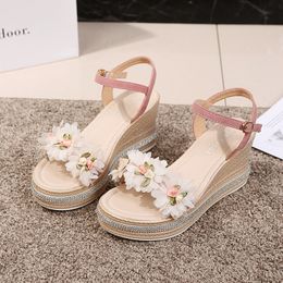 New Female Ankle Strap Buckle Rhinestone Crystal Sandals 2023 Summer Women Round Toe High Heels Fashion Ladies Wedges Shoes Gold