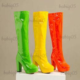 Boots 2022 Candy Colors Women Knee High Boots Platform Square High Heel Ladies Calf Boots Patent PU Leather Round Toe Zipper Shoes T231124