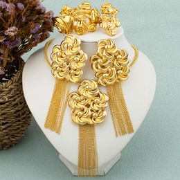 Wedding Jewellery Sets Fashion Gold Plated Jewellery Set Women Necklace Long Tassels Earrings Flower Bangle Ring Lady Elegant Bohemia Jewellery Accessory 230422