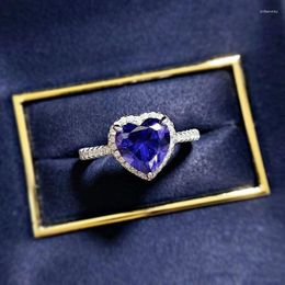 Cluster Rings Blue Heart Moissanite Engagement S925 Sterling Silver Gold Plated Fine Female Jewellery Certificate Drop