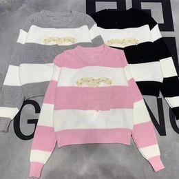 2024 Gray/Pink/Black Striped Pullovers Designer O Neck Long Sleeves Women Sweaters Milan Runway Letter Beads Sweaters Womens 112407