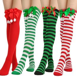 Women Socks Bow Christmas Stockings Ball Knee Women's Long European And American Holiday Striped