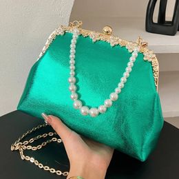 Evening Bags 2024 Luxury Women Gold Green Pearl Chain Messenger PU Leather Shoulder Shell Designer Handbag And Purse Wedding Clutch 231123