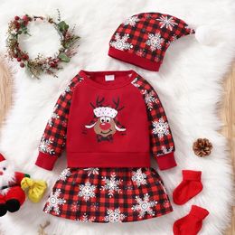 Girls Dresses Baby Christmas Dress Girl Winter Clothes 2 Pieces Cute Elk Plaid Snowflake Dresseshat 03Y 231124