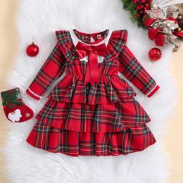 Girl Dresses Princess Christmas Children Clothes Kids Girls Dress Plaid Print Long Sleeve Round Neck A-Line With Bowknot For Toddler