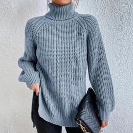 Women's Sweaters Casual Warm Solid Mid-length Pullover 2023 Autumn/Winter Soft Knitwear Fashion Raglan Long Sleeve Turtleneck Split Sweater