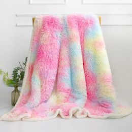 Blankets Swaddling Rainbow Shaggy Blanket Plush Faux Fur Blanket for Kids and Adults Super Soft Blanket for Bed Sofa 231124