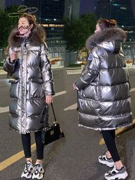 Women's Down Parkas Woman Winter Glossy Wash Free Cotton Jacket Below The Knees Long Style Hooded Fur Collar Thicken Coat 231123