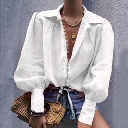 Women's Blouses Shirts Women Shirt Sexy Autumn Buttons V Neck Turn-down Collar Long Sleeve Blouse Plus Size XL White Ladies Office Cardigan Top20 230424