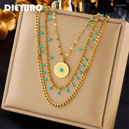 Pendant Necklaces DIEYURO 316L Stainless Steel Bohemia Round Sun Blue Stone Necklace For Women Girl Trend Multi-layer Chain Jewelry