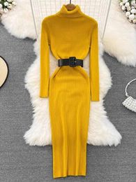 Casual Dresses 16 Colours Autumn Winter Elegant Solid Colour Knitted Dress Women's Turtleneck Sheath Stretch Bodycon Belt Bottoming Midi