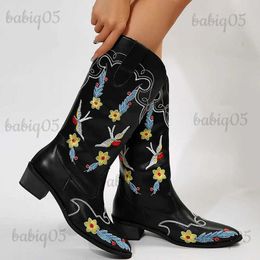 Boots Embroidered Mid Calf Western Boots for Women 2023 Autumn Slip On Pointed Toe Cowgirl Boots Plus Size 43 High Heels Woman Shoes T231124