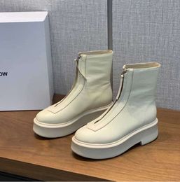 24 The row white smooth Leather Ankle Chelsea Boots platform zip slip-on round Toe block heels Flat Wedges booties chunky boot luxury Fashion trend leather boots