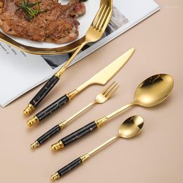 Dinnerware Sets 30pcs Black Gold Western Set Stainless Steel Cutlery Ceramics Handle Fork Knife Spoon Tableware Flatware Silverware