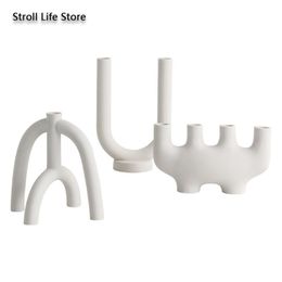 Nordic Creative Ceramic Candlestick White Candle Holders Water Pipe Modern Living Room Candle Stand Home Ornament Gift FC455 201202504