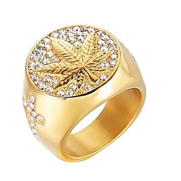 Creative Zircon Gold Plated Maple Leaf Cross Ring Mens Party Prom Charm Jewelry Anniversary Gift