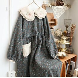 Casual Dresses 118cm Bust / Autumn Winter Women Mori Kei Girl Loose Plus Size Floral Embroidered Warm Fleeced